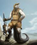  anthro armpit_hair athletic athletic_anthro athletic_male awp body_hair clothed clothing corrsk desert detailed_background digital_media_(artwork) fur gun hat headgear headwear hi_res holding_object iguanid lizard male military outside ranged_weapon reptile rifle scalie shemagh sky smile sniper sniper_rifle solo uniform weapon 