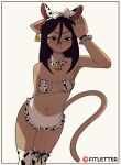  animal_print anthro apron bikini breasts clothing cow_print domestic_cat ear_piercing ear_tag facial_piercing fake_cow_ears fake_ears felid feline felis female fitletter fitletter_(character) frown hi_res legwear looking_at_viewer mammal nose_piercing nose_ring piercing septum_piercing side_boob simple_background small_breasts solo swimwear thigh_highs 