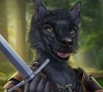  anthro armor black_body black_fur canid canine canis chest_tuft clothed clothing ear_piercing ear_ring eye_scar facial_scar fur jewelry leather leather_clothing male mammal melee_weapon necklace piercing portrait raudegil scar skoll_(skoll666) solo sword teeth tongue tuft warrior weapon wolf yellow_eyes 