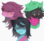  2021 9999gpera anthro bovid caprine clothing deltarune dinosaur eyewear faceless_character faceless_human faceless_male female glasses goat group hat headgear headwear human kris_(deltarune) male mammal ralsei reptile scalie scarf snout susie_(deltarune) undertale_(series) video_games yellow_teeth 