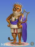  anthro clothing crown felid gem gold_(metal) gold_jewelry grey_eyes grumpy hi_res jewelry looking_at_viewer male mammal necklace nero_(vestina) orange_body pantherine ring solo striped_body stripes text the_feast_of_nero tiger toga tunic vestina white_body 