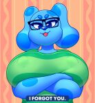  acstlu anthro big_breasts blue&#039;s_clues blue_(blue&#039;s_clues) breasts canid canine canis clothing dialogue domestic_dog english_text eyewear female glasses hi_res looking_at_viewer mammal nickelodeon nipple_outline solo talking_to_viewer text 