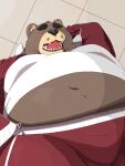  2021 3:4 absurd_res anthro belly black_nose blush bottomwear brown_body clothing eyes_closed hi_res kemono male mammal mature_male navel o_miso_n overweight overweight_male pants shirt solo topwear ursid 