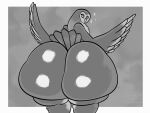  4:3 anthro avian beak big_butt bird borisalien butt feathers hi_res huge_butt hyper hyper_butt looking_at_viewer looking_back male monochrome owl solo sparkles tail_feathers thick_thighs wings 