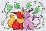  duo eeveelution espeon female feral flareon fur male male/female multicolored_body multicolored_fur nintendo pok&eacute;mon pok&eacute;mon_(species) purple_body purple_fur simple_background smile two_tone_body two_tone_fur unknown_artist video_games white_background 