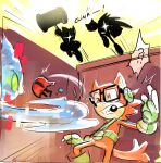  action_pose ambiguous_gender amy_rose anthro armor attacked big_hammer black_nose bodily_fluids broken_weapon brown_eyes canid canine canis chaos_(sonic) clothing comic cornered custom_character_(sonic_forces) digital_media_(artwork) drawloverlala echidna english_text eulipotyphlan eyewear female front_view fur gadget_the_wolf gesture glasses gloves green_clothing green_eyes green_gloves green_handwear group hammer handwear headgear hedgehog humanoid jumping knuckles_the_echidna male mammal monotreme pose sega silhouette sonic_adventure sonic_forces sonic_the_hedgehog_(series) text tools video_games wolf 