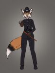  ambiguous_gender anthro belt belt_buckle black_body black_fur boots canid canine clothed clothing club_(weapon) flat_chested footwear fox fur green_eyes hi_res looking_at_viewer mammal melee_weapon nightstick open_mouth orange_body orange_fur oreocorgi outstretched_arm outstretched_hand police_uniform solo symphonia_(delinquentis) uniform weapon whiskers white_body white_fur 