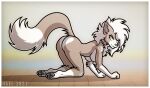  anthro border butt_heart canid canine cel_shading female fluffy fluffy_tail fox fur hael hair hi_res hybrid mammal multicolored_body multicolored_fur nude pawpads paws shaded silver_eyes simple_background solo spots unknown_species white_border white_hair 