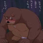  1:1 2013 anthro belly black_nose blush brown_body brown_fur bulge clothing eyes_closed fur genital_outline humanoid_hands japanese_text kemono male mammal moobs overweight overweight_male penis_outline solo text totemoii_029 underwear ursid 