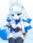  2021 5_fingers ahoge anthro bella_(devil-vox) blue_body blue_eyes blue_fur blue_hair breasts canid canine claws cleavage clothed clothing devil-vox dipstick_tail female finger_claws fingers fox fur hair hi_res kemono legwear mammal markings multicolored_body multicolored_fur multicolored_hair multicolored_tail sitting solo tail_markings thigh_highs white_body white_fur white_hair 