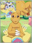  agumon anthro bandai_namco belly bodily_fluids claws comic cum cum_on_face dialogue digimon digimon_(species) duo english_text erection foreskin frottage gabumon genital_fluids genitals half-erect hi_res humanoid_genitalia humanoid_penis hypnosis klotzzilla male male/male mind_control penis sex slightly_chubby text 