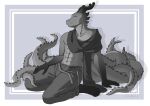  9_tails anthro bottomwear clothing digital_media_(artwork) doodlelu1992 dragon horn humanoid_genitalia looking_at_viewer male multi_tail scalie scarf simple_background solly solo xyluc 