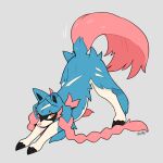  1:1 2021 absurd_res ambiguous_gender black_inner_ear blue_body blue_fur canid canine claws fur grey_background hi_res legendary_pok&eacute;mon looking_at_viewer mammal nintendo pok&eacute;mon pok&eacute;mon_(species) pose red_tail simple_background stretching video_games white_body white_fur wolfwithwing yellow_eyes zacian 