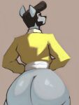  2021 3:4 anthro big_butt blue_body blue_skin bottomless butt canid canine canis clothed clothing digital_drawing_(artwork) digital_media_(artwork) hi_res huge_butt hyper hyper_butt j_(oc) jackal jacket jojobiz looking_away male mammal pompadour rear_view simple_background solo topwear yellow_clothing yellow_jacket_(clothing) yellow_topwear 