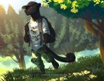  2021 anthro backpack black_body black_fur bottomwear clothed clothing day detailed_background felid fully_clothed fur hat headgear headwear hi_res light lighting male mammal melanistic outside pantherine pants plant relaxable relaxablefur shaded shirt signature solo t-shirt topwear tree walking whiskers 