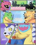  animal_skin anthro bandai_namco belly digimon digimon_(species) erection extyrannomon foreskin gabumon genitals grinding group hi_res horn humanoid_genitalia humanoid_penis klotzzilla male moan penis plushie plushophilia slightly_chubby weregarurumon 