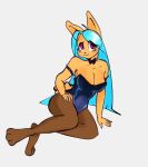  anthro blue_hair bunny_costume clothing costume female hair hi_res kemono lagomorph legwear leporid long_hair mammal moonrick pink_eyes rabbit sitting solo stockings yellow_body 