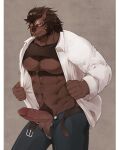  2020 abs adkt anthro ball_tuft balls beard belt big_penis bottomwear brown_body brown_fur brown_hair clothed clothing erection facial_hair felid final_fantasy final_fantasy_xiv fur genitals grin hair hi_res hrothgar humanoid_genitalia humanoid_penis looking_at_viewer male mammal muscular muscular_anthro muscular_male open_bottomwear open_clothing open_pants open_shirt open_topwear pants pants_down partially_clothed pecs penis portrait presenting presenting_penis pubes shirt smile solo square_enix standing three-quarter_portrait topwear tuft vein veiny_penis video_games 