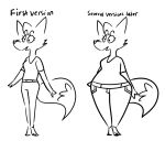  2021 anthro barefoot bottomwear breasts canid canine clothing duo english_text feet female fluffy fluffy_tail fox hair mammal monochrome overweight overweight_female pants shirt sketch t-shirt text the_truth topwear weight_gain wide_hips zenytalk 