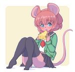  anthro blush bottomwear clothing eating female food hair kinshun76501 legwear looking_at_viewer mammal mouse mouse_girl_(youki029) mouse_tail murid murine open_mouth panties pink_hair rodent sitting skirt solo stockings underwear 