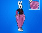  2021 anthro belt bottomwear bulge butt chain clothing digital_media_(artwork) epic_games fortnite guggimon hi_res lagomorph leporid logo long_sleeve_shirt long_sleeves looking_at_viewer male mammal open_mouth pants pattern_bottomwear pattern_clothing pattern_pants presenting presenting_hindquarters rabbit shirt short_sleeved_shirt short_sleeves solo striped_bottomwear striped_clothing striped_pants stripes superplastic tagme topwear video_games white_body wrongcable 