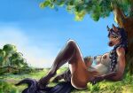  anthro areola balls big_breasts braided_hair breasts equid equine field fur genitals gynomorph hair hi_res horse intersex lounging mammal nipples nude outside plant rouge_(fossi3) silkyfangs sky solo tree 