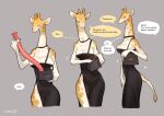  2021 anthro bebebebebe breasts cleavage clothed clothing dialogue dildo dress english_text female giraffe giraffid greeting hi_res horn mammal no_underwear ossicone right_to_left sex_toy solo speech_bubble text 