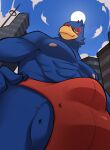  2021 anthro avian balls bird blue_body bulge city clothing falco_lombardi genital_outline genitals hi_res looming low-angle_view macro male nintendo rygel_spkb solo speedo star_fox swimwear video_games worship 