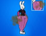  2021 anthro belt bottomwear bulge butt chain clothing digital_media_(artwork) epic_games eyes_closed fart fart_cloud fart_fetish fortnite guggimon hi_res lagomorph leporid logo long_sleeve_shirt long_sleeves looking_at_viewer male mammal onomatopoeia open_mouth pants pattern_bottomwear pattern_clothing pattern_pants presenting presenting_hindquarters rabbit shirt short_sleeved_shirt short_sleeves solo sound_effects striped_bottomwear striped_clothing striped_pants stripes superplastic tagme text topwear video_games white_body wrongcable 