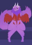  absurd_res anthro big_breasts breasts curvy_figure dragon feathered_wings feathers female fur furred_dragon hi_res horn looking_at_viewer neck_tuft nipples nude purple_body purple_fur red_body red_eyes red_feathers sanfingulipunrapin simple_background sitting smile solo thick_thighs tongue tongue_out tuft voluptuous wings 