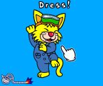  6:5 anthro barefoot blue_background blue_clothing clothing coveralls cursor domestic_cat eyes_closed eyewear feet felid feline felis fur gloved_hand goggles male mammal nishi_oxnard open_mouth simple_background smile solo spitz_(warioware) teeth_showing tongue_showing warioware whiskers yellow_body yellow_fur 
