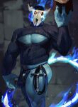  2021 anthro black_sclera blue_body blue_fire book bulge burning claws clothing colored_fire demon detailed_bulge digital_media_(artwork) finger_claws fire hat headgear headwear hi_res keyhole_clothing looking_at_viewer male muscular muscular_anthro muscular_male mystikfox61 pecs skull_head solo whip white_eyes 
