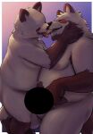  2021 anthro balls belly brown_body brown_fur canid canine censored duo eyes_closed fur genitals hi_res humanoid_hands kemono kissing male mammal moobs ms05591410 nipples overweight overweight_male raccoon_dog simple_background tanuki tongue tongue_out 