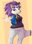  animal_crossing anthro bottomwear breasts clothed clothing earthbkum eulipotyphlan eyeshadow eyewear eyewear_on_head female fully_clothed fur grey_eyes hedgehog hi_res jacket labelle_able makeup mammal nintendo notebook orange_background pants pen purple_body purple_fur simple_background smile solo sunglasses sunglasses_on_head tan_body tan_fur tongue tongue_out topwear video_games wide_hips 