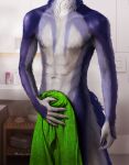  abs after_shower anthro bathroom black_claws blue_body blue_fur blue_markings canid canine canis claws detailed_background fur green_towel inside male mammal markings medaya navel nude patrick_(wolfang322) shower solo standing towel video_games watermark wet white_body white_fur wolf 