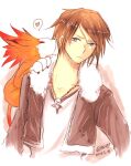  &lt;3 ambiguous_gender claws clothed clothing duo facial_scar felid final_fantasy final_fantasy_viii fur human jacket jewelry male mammal moomba necklace orange_body orange_fur pesopp scar simple_background squall_leonhart square_enix topwear video_games white_background 