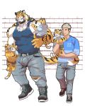  abs anthro belt blonde_hair bottomwear bulge chan_kiti_chan_(artist) clothing facial_scar family father father_and_child father_and_son felid footwear group hair hi_res human human_on_anthro interspecies larger_anthro male male/male mammal muscular muscular_anthro muscular_male pantherine pants parent parent_and_child pecs scar shirt shoes size_difference smaller_human son tank_top tiger topwear torn_bottomwear torn_clothing torn_pants 