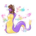  1:1 after_transformation anthro anthrofied armless blush breasts brown_hair ekans featureless_breasts female hair hi_res legless nagafication nintendo pok&eacute;mon pok&eacute;mon_(species) pok&eacute;morph purple_body solo the-chu video_games yellow_body 