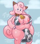  2021 animal_print anthro areola areola_slip balls belly big_areola big_balls big_belly big_breasts big_bulge bikini breasts bulge cleavage clefairy clothed clothing collar cow_print cowbell curled_tail cute_fangs detailed_bulge digital_drawing_(artwork) digital_media_(artwork) english_text fangs genitals gynomorph hair hand_on_hip hi_res huge_balls huge_breasts huge_bulge hyper hyper_bulge intersex japanese_text looking_at_viewer mdjoe navel nintendo nipple_outline nipples onomatopoeia overweight overweight_anthro overweight_gynomorph overweight_intersex pink_body pink_hair pink_tail pok&eacute;mon pok&eacute;mon_(species) short_stack signature simple_background smile smirk solo sound_effects swimwear text thick_thighs tight_clothing video_games wide_hips 