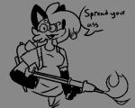  2021 5:4 anthro black_nose canid canine cheek_tuft clothed clothing dialogue digital_media_(artwork) english_text facial_tuft female fire flamethrower fox fur fur_tuft hair mammal monochrome multicolored_body open_mouth partial_speech_bubble pepper_(sketchytoasty) ranged_weapon red_fox shirt simple_background sketchytoasty solo straps text topwear tuft weapon 