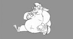  2021 activision anthro bandicoot belly biped bottomwear clothing crash_bandicoot crash_bandicoot_(series) eating eclipsewolf humanoid_hands male mammal marsupial monochrome navel obese overweight pants simple_background sitting solo video_games 