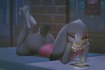  2021 anthro bed bottomless butt clothed clothing detailed_background disney female fur furniture grey_body grey_fur half-closed_eyes inside judy_hopps lagomorph leporid lying mammal miles_df narrowed_eyes on_bed on_front one_eye_closed phone purple_eyes rabbit solo zootopia 