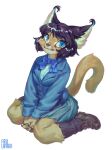  2019 anthro aruurara black_ears black_hair blazer blue_eyes bottomwear caracal caracal_(genus) clothing ear_tuft felid feline female footwear fur hair hi_res kemono kneeling looking_at_viewer mammal necktie pleated_skirt school_uniform shoes sitting skirt smile socks solo tan_body tan_fur teenager tuft tufted_ears uniform wariza young 