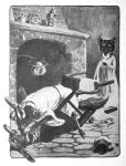  1920 20th_century ancient_furry_art anthro attack barefoot biped bite canid canine chair clothed clothing cookware digitigrade feet female fireplace fox furniture greyscale group hare hermeline hi_res inside joseph_jacinto_mora killing kitchen_utensils kyward lagomorph leporid long_ears male mammal monochrome neck_bite on_ground on_top predator/prey public_domain red_fox reynard_the_fox table tablecloth tools traditional_media_(artwork) violence 