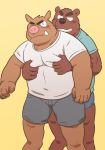  2015 anthro black_nose blush bottomwear brown_body clothing duo embrace hug hugging_from_behind humanoid_hands kemono kick_(artist) male male/male mammal moob_grab overweight overweight_male shirt shorts simple_background suid suina sus_(pig) topwear ursid wild_boar 