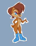  2021 anthro archie_comics black_nose blue_boots blue_clothing blue_eyes blue_footwear boots breasts brown_body brown_fur brown_hair cel_shading chest_tuft chipmunk clothing cmy2k digital_drawing_(artwork) digital_media_(artwork) eyeshadow featureless_breasts featureless_crotch female footwear fur grey_background ground_squirrel hair hi_res makeup mammal outline pie_cut_eyes rodent sally_acorn sciurid scut_tail sega shaded short_tail simple_background smile solo sonic_the_hedgehog_(archie) sonic_the_hedgehog_(comics) sonic_the_hedgehog_(series) standing tuft white_outline 
