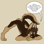  1:1 2021 absurd_res anthro ass_up black_text blush brown_body brown_ears brown_fur brown_tail butt canid canine canis cute_body dialogue domestic_dog ears_up english_text frostedchase fur german_shepherd green_eyes grin herding_dog hi_res jack-o&#039;_pose looking_at_viewer male mammal max_(frostedchase) nude pastoral_dog pose simple_background smile solo speech_bubble spread_legs spreading teenager teeth text young 