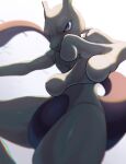  blurry chromatic_aberration commentary_request from_below green_eyes highres imakuma_ama looking_down mewtwo outstretched_arm pink_pupils pokemon pokemon_(creature) shiny solo white_background 