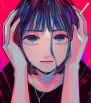  1girl absurdres bangs black_hair blue_eyes earbuds earphones hands_up highres looking_at_viewer original red_background richard_(ri39p) short_hair simple_background solo 