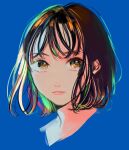  1girl absurdres bangs black_hair blue_background brown_eyes highres looking_at_viewer original parted_lips portrait richard_(ri39p) short_hair simple_background solo 